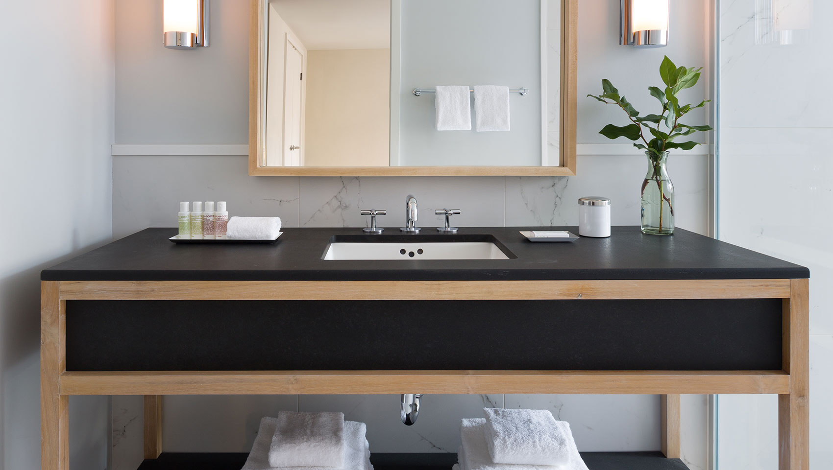 Guestroom bathroom sink detail at Kimpton Schofield Hotel
