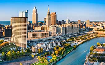 Aerial view of Cleveland, Ohio skyline at sunset
